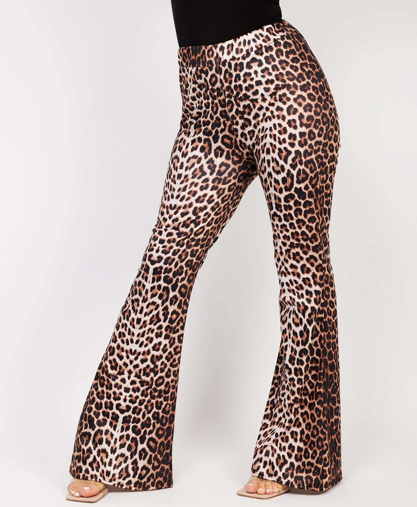 Leopard Print Slinky Glossy Ruched Flare Trousers