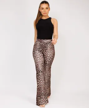 Leopard Print Slinky Glossy Ruched Flare Trousers