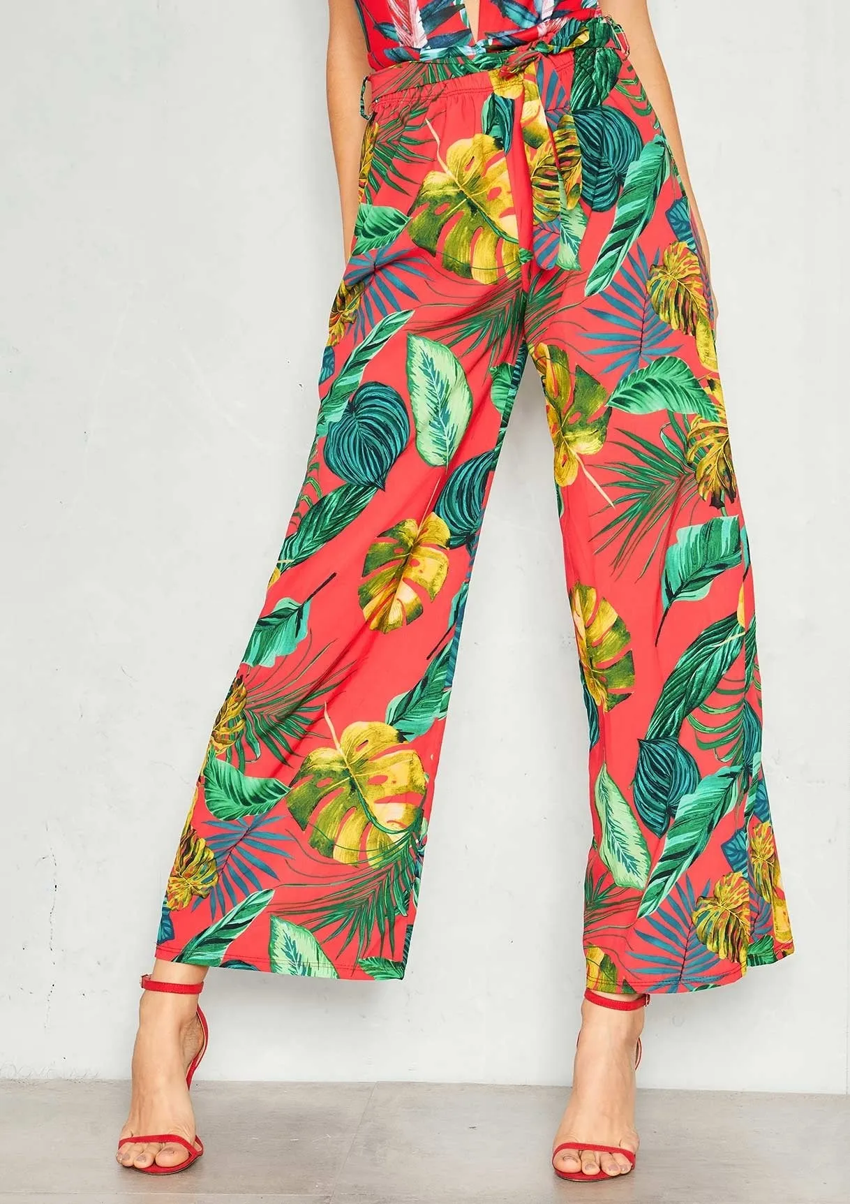 Linda Red Palm Print Flare Trousers