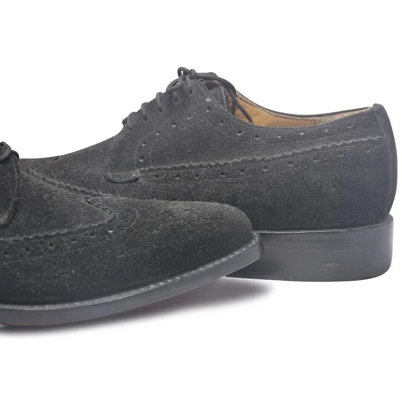 Men Black Brogue Wingtip Suede Leather Shoes