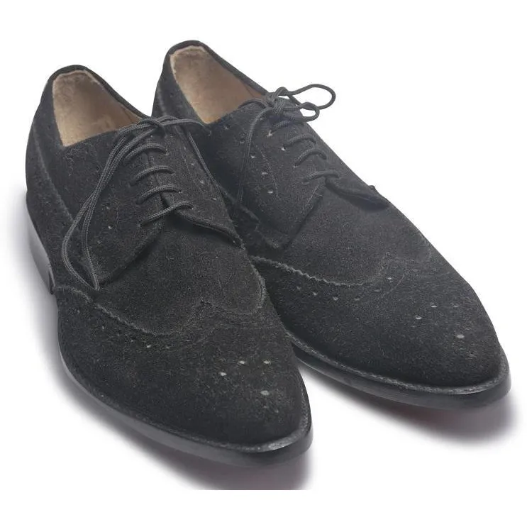 Men Black Brogue Wingtip Suede Leather Shoes