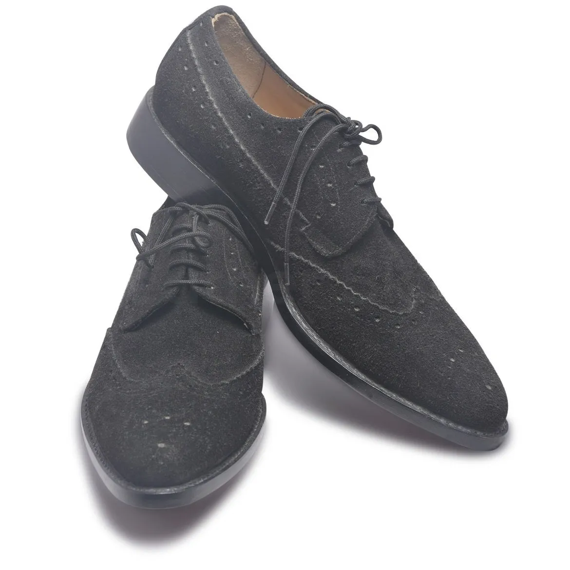 Men Black Brogue Wingtip Suede Leather Shoes