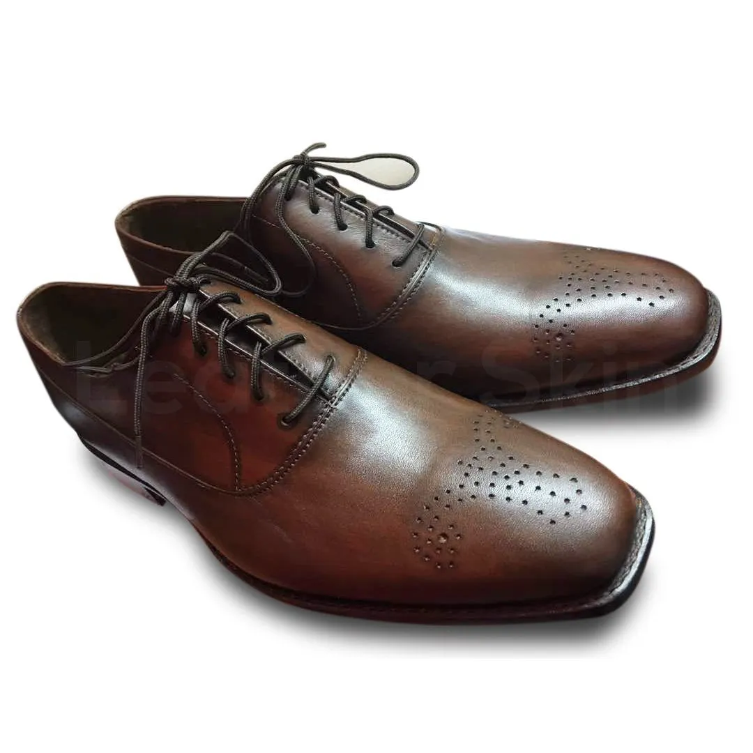 Men Brown Formal Genuine Handmade Leather Shoes with Laces