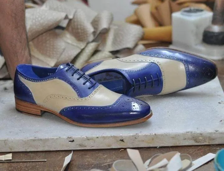 Men's Blue & Cream Leather Lace Up Brogue Toe Shoes