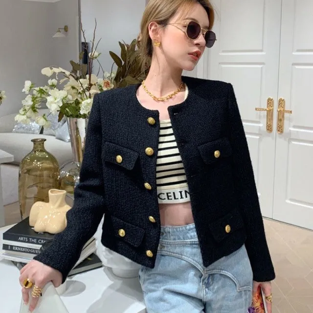 Nukty Small Fragrance Women Black Tweed Outerwear Autumn Winter Golden Button Blends Wool Female Long Sleeve Jacket Coat