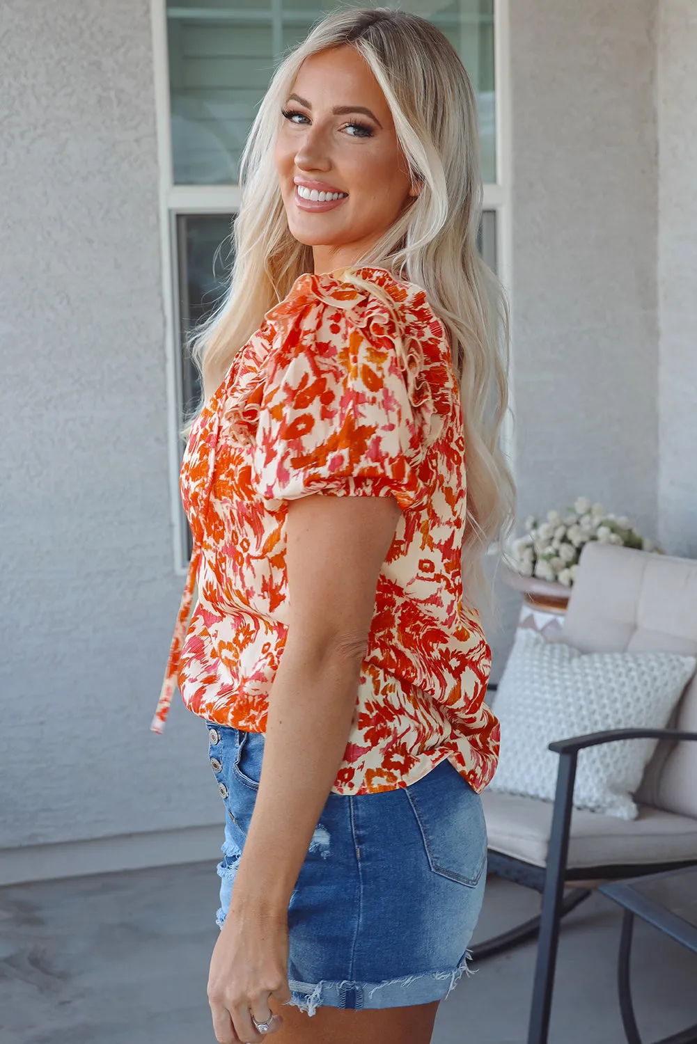 Orange Floral Print Ruffled Short Puff Sleeve Split Neck Blouse