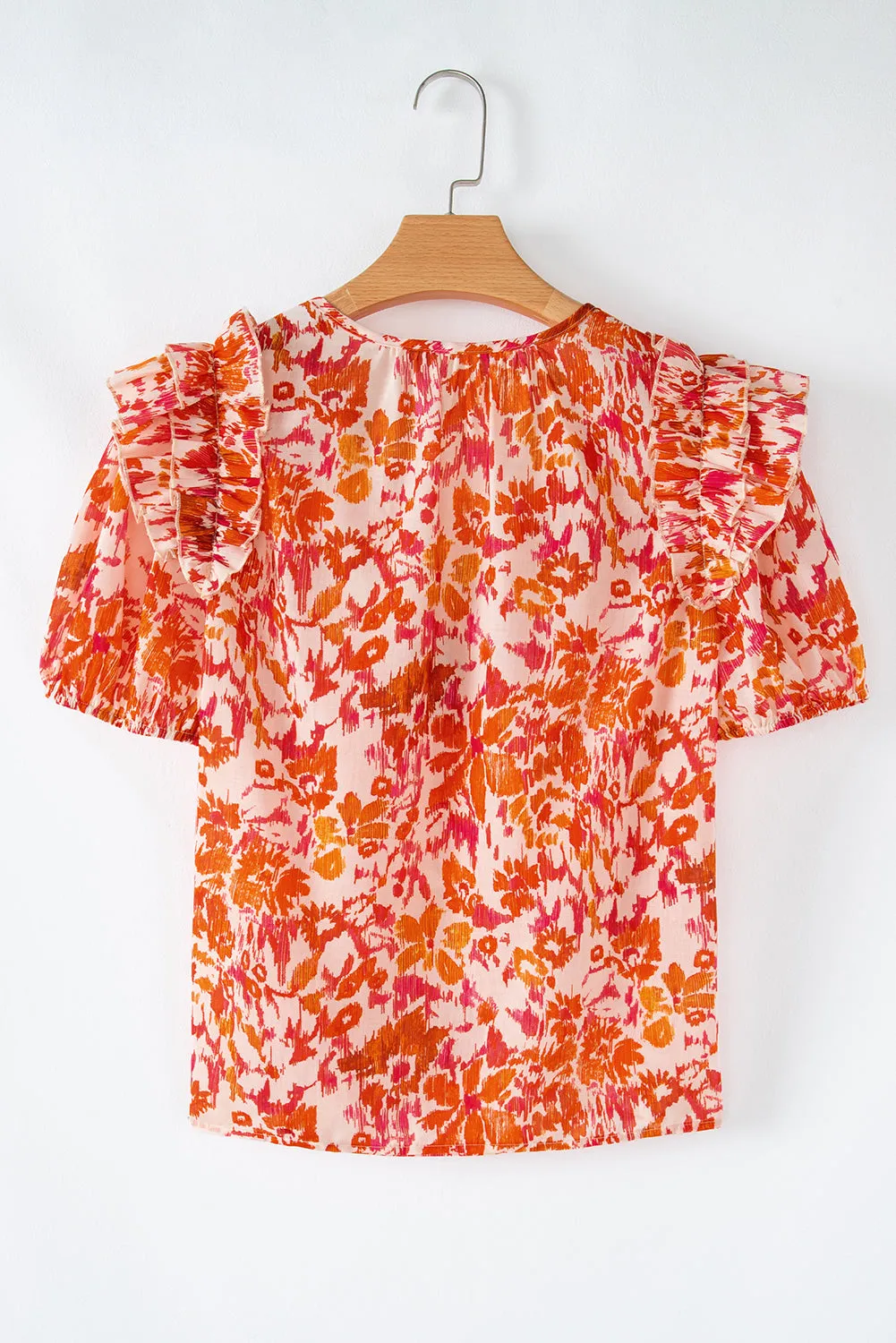 Orange Floral Print Ruffled Short Puff Sleeve Split Neck Blouse