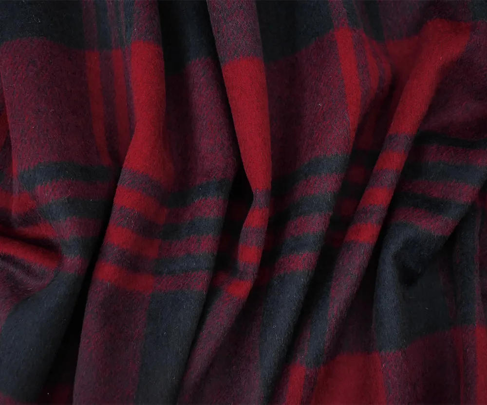 Red-Black Melton Poly-Wool Plaid Woven Jacketing Fabric