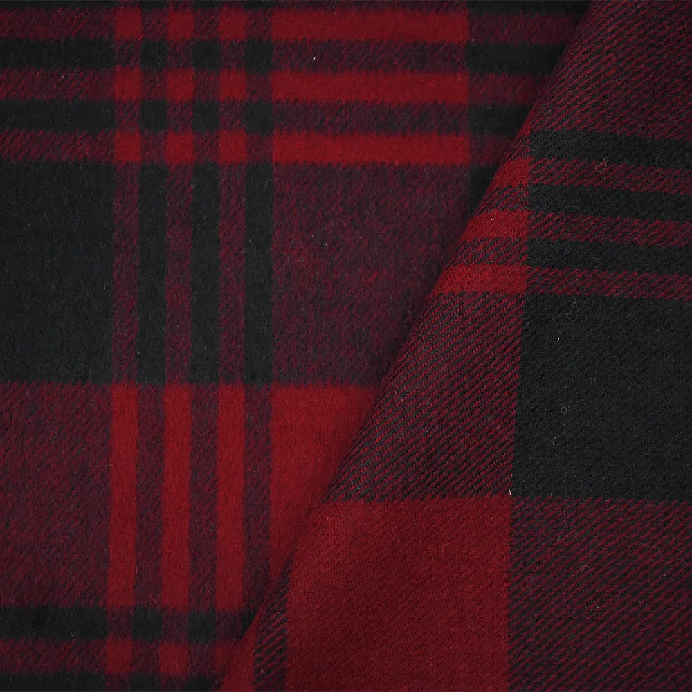 Red-Black Melton Poly-Wool Plaid Woven Jacketing Fabric