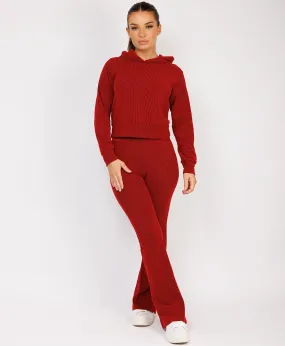 Red Ribbed Hoody & Skinny Flare Trousers Loungewear Set