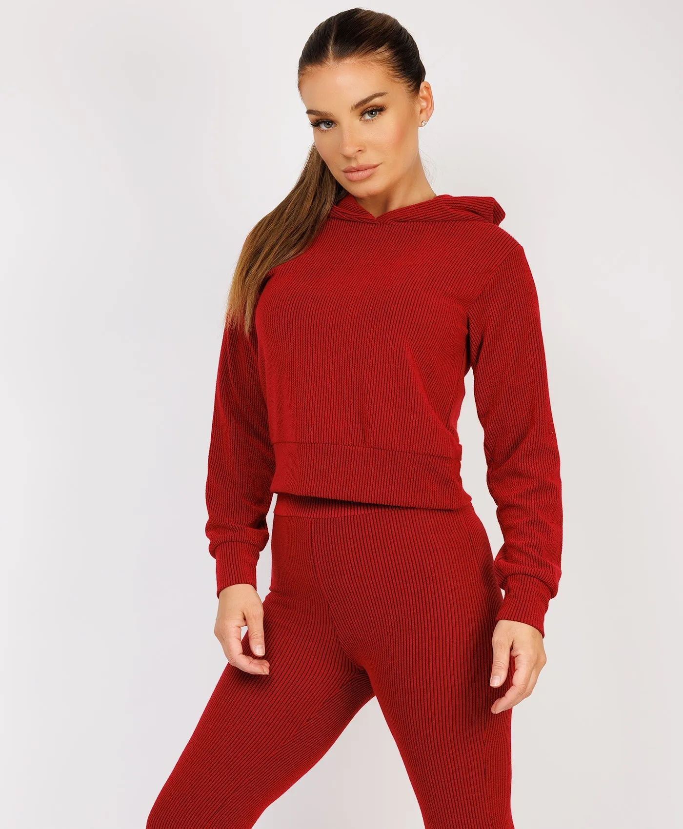 Red Ribbed Hoody & Skinny Flare Trousers Loungewear Set