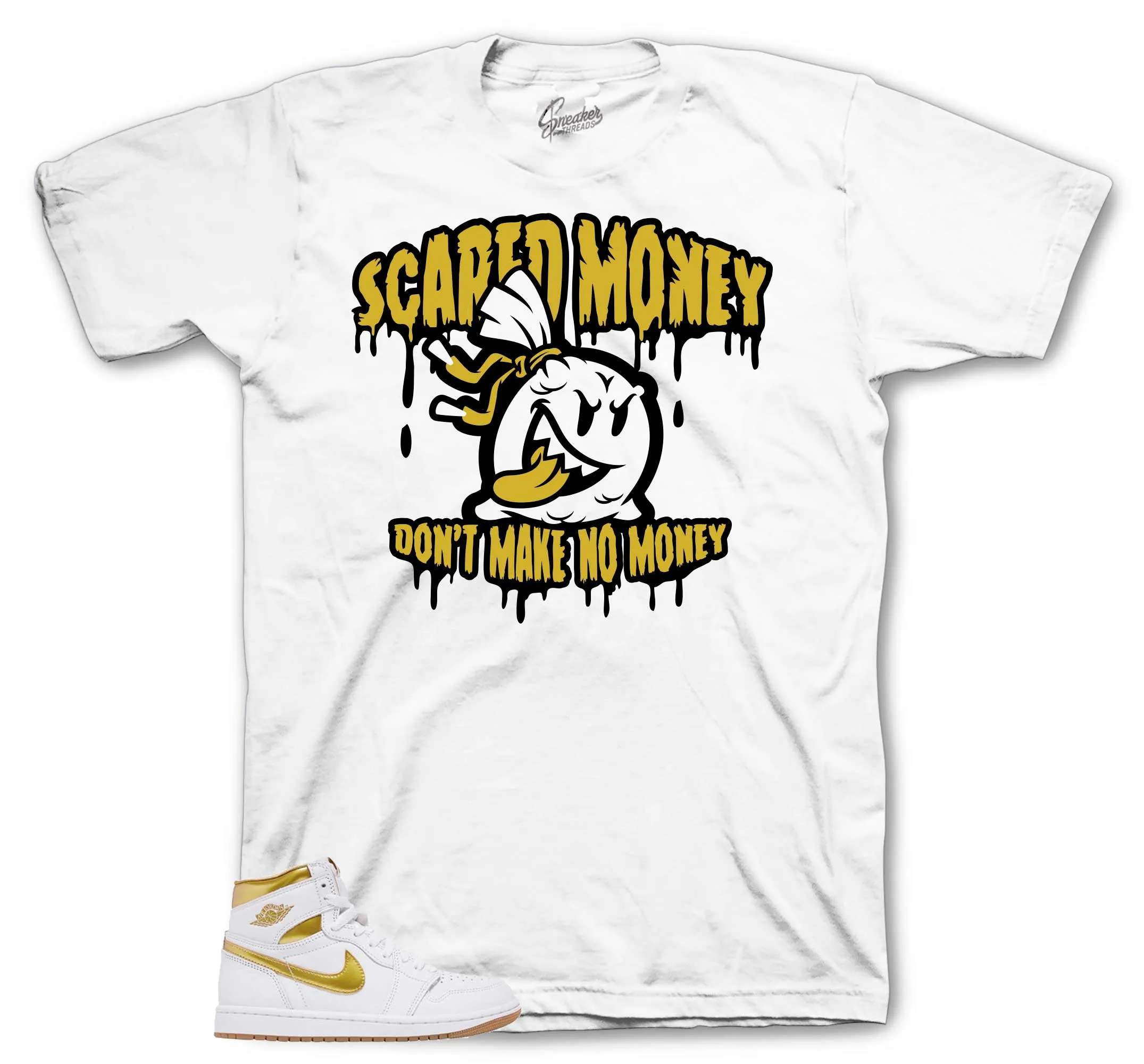 Retro 1 White Metallic Gold Scared Money Shirt