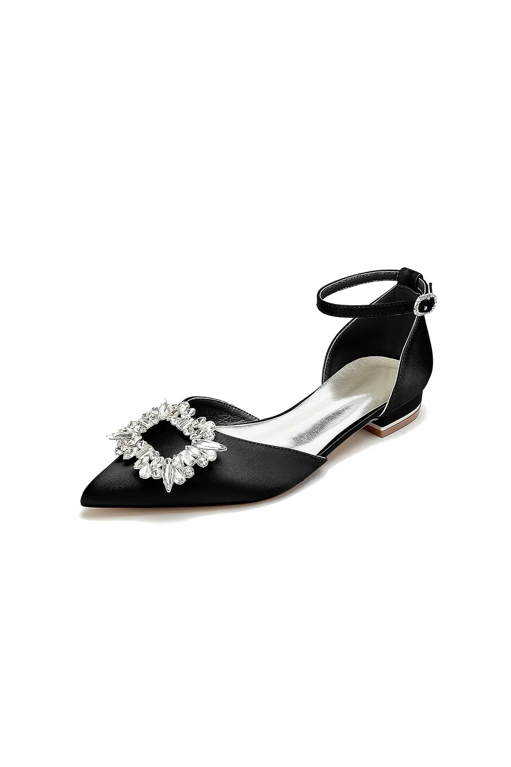 Rhinestone Pointed Toe Ankle Strap Satin Kitten Heels