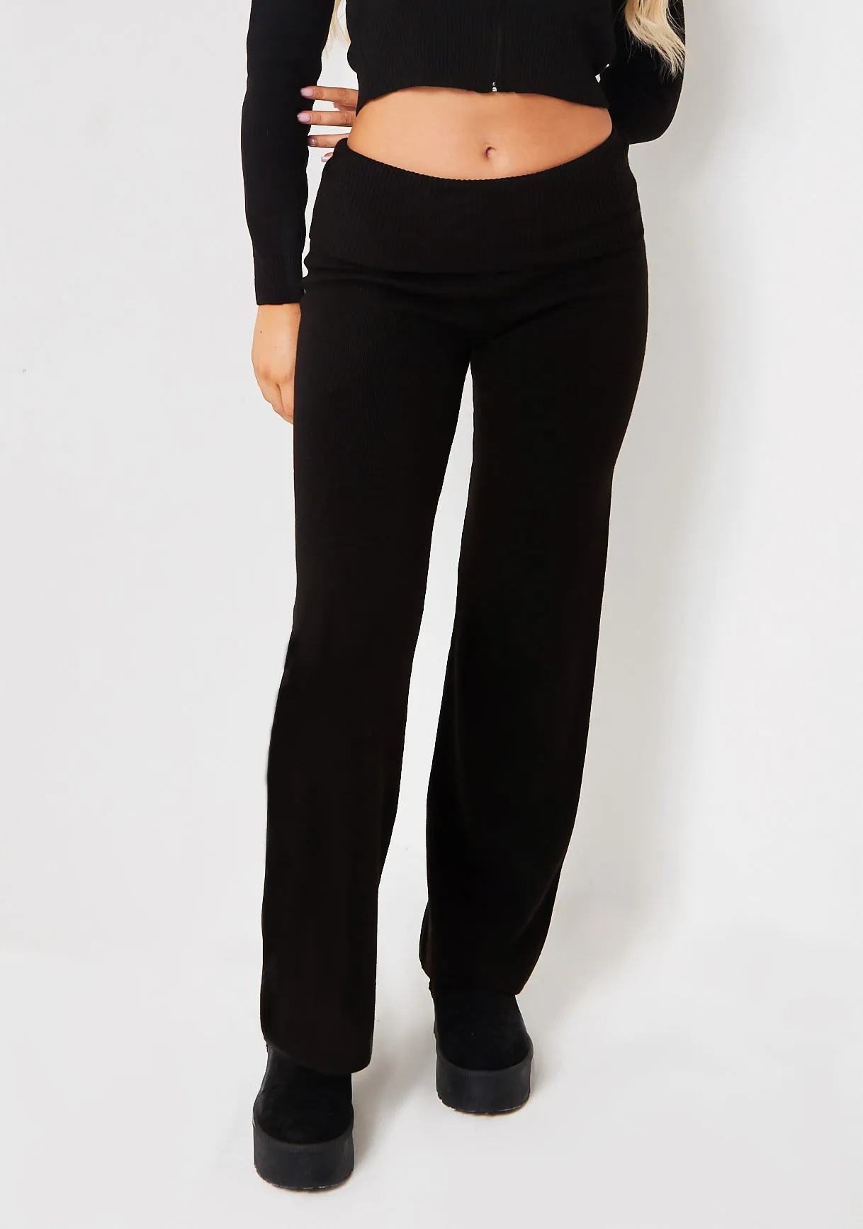 Rina Black Knit Fold Over Waist Flare Trousers