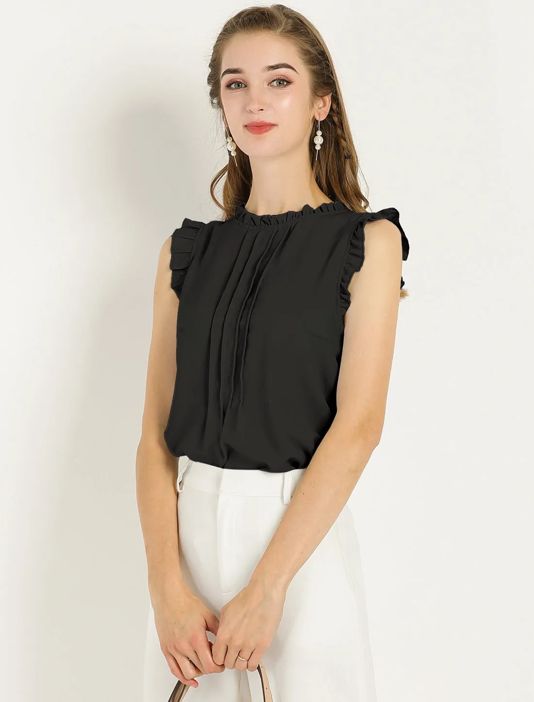 Ruffled Business Office 1950s Retro Sleeveless Work Blouses