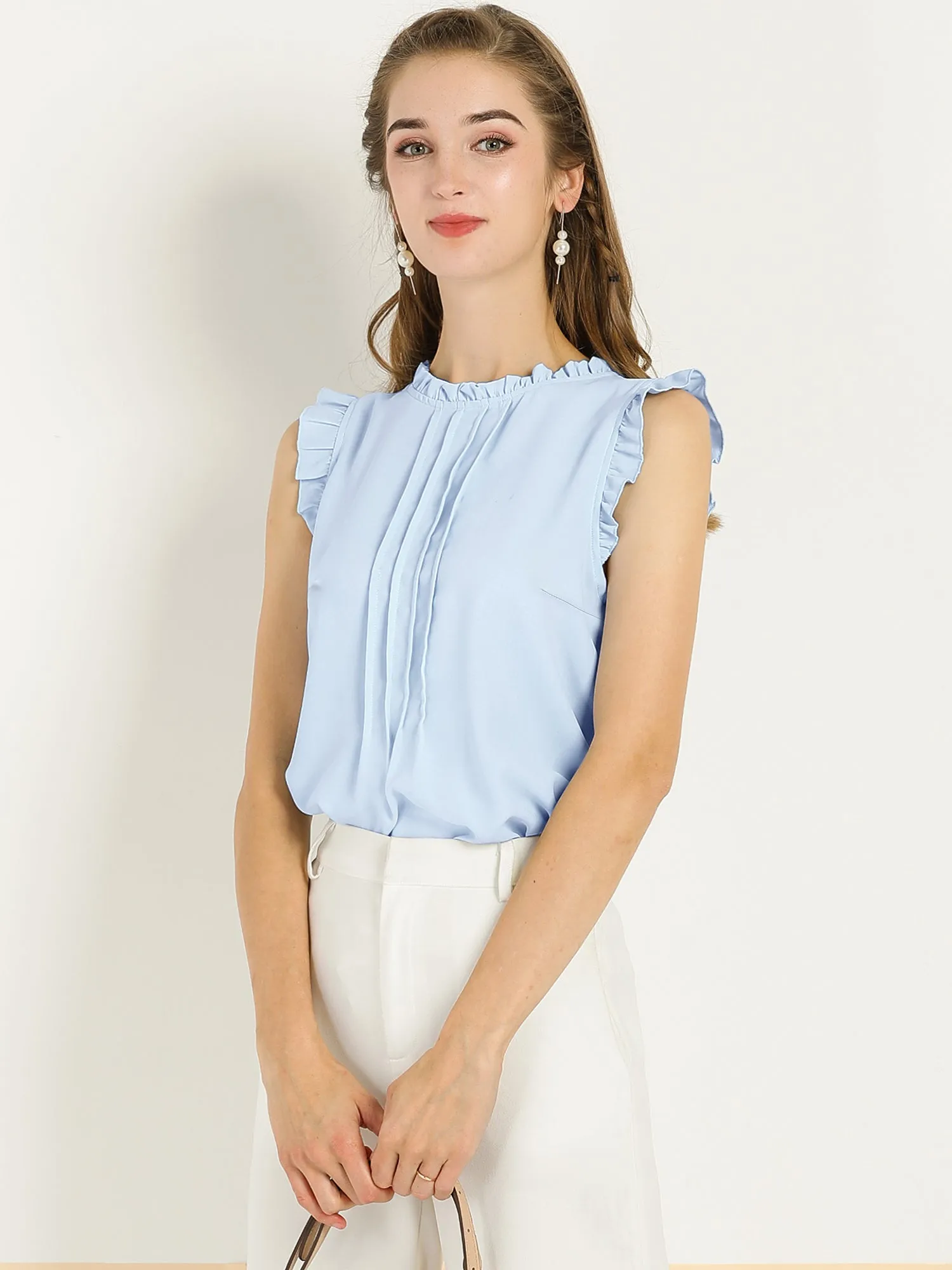 Ruffled Business Office 1950s Retro Sleeveless Work Blouses