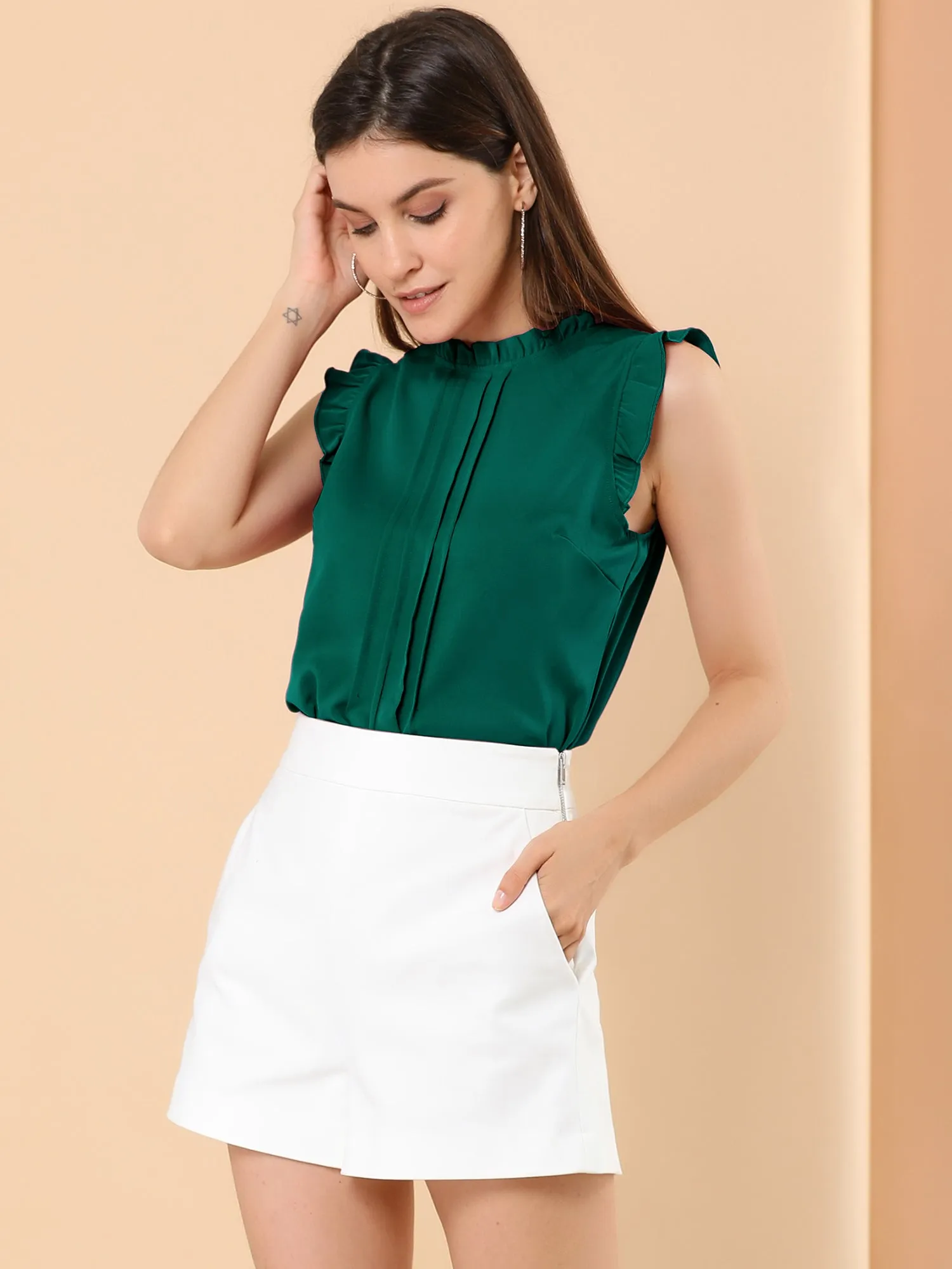 Ruffled Business Office 1950s Retro Sleeveless Work Blouses