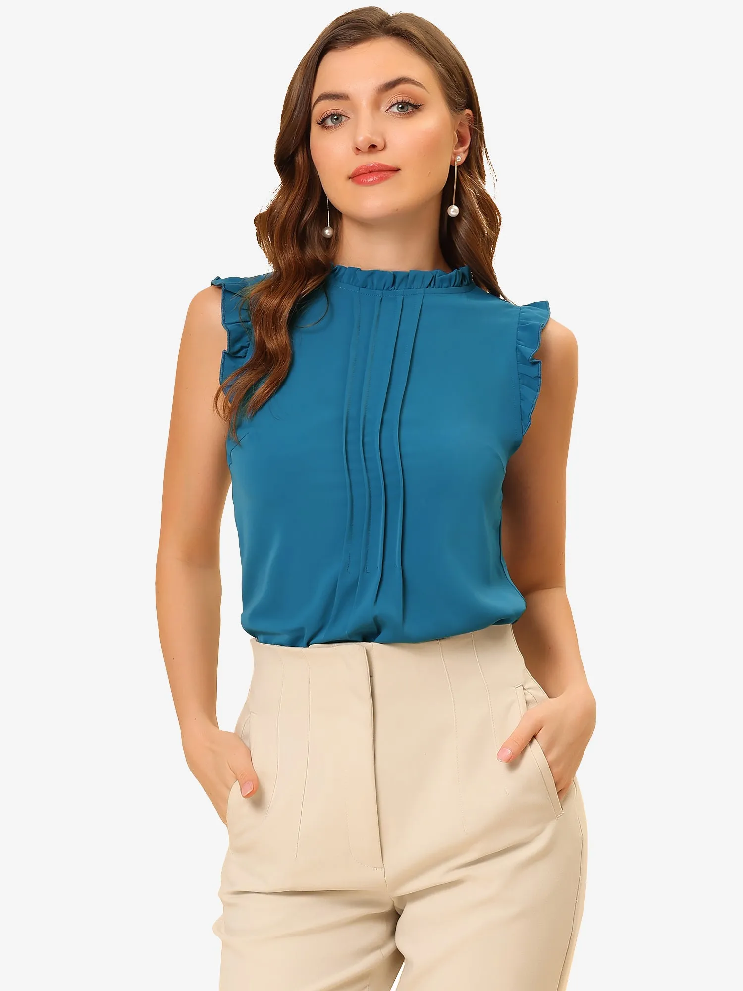 Ruffled Business Office 1950s Retro Sleeveless Work Blouses