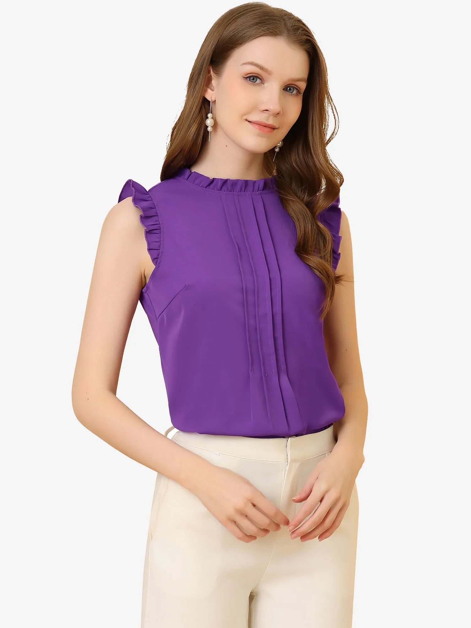 Ruffled Business Office 1950s Retro Sleeveless Work Blouses