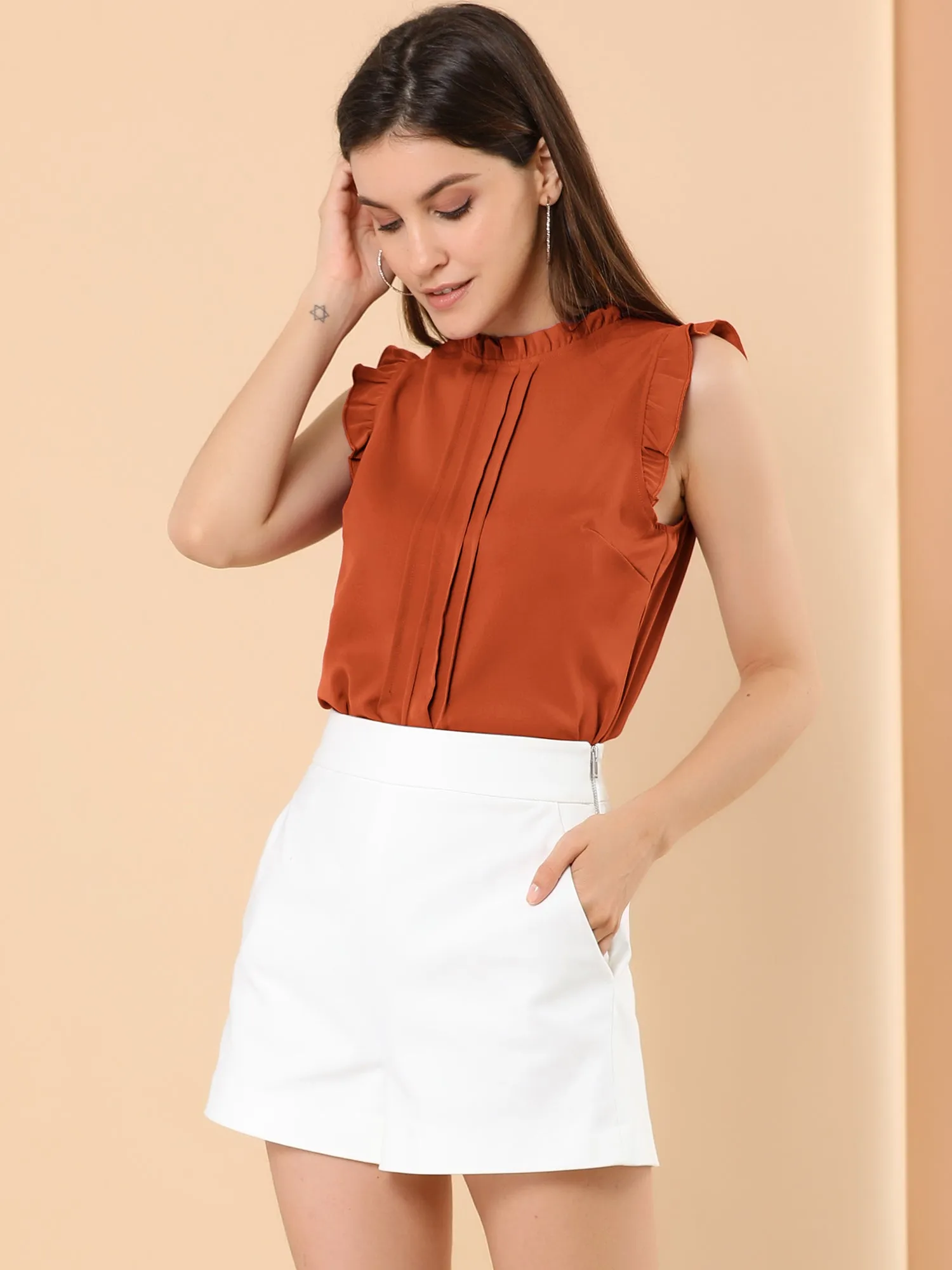 Ruffled Business Office 1950s Retro Sleeveless Work Blouses