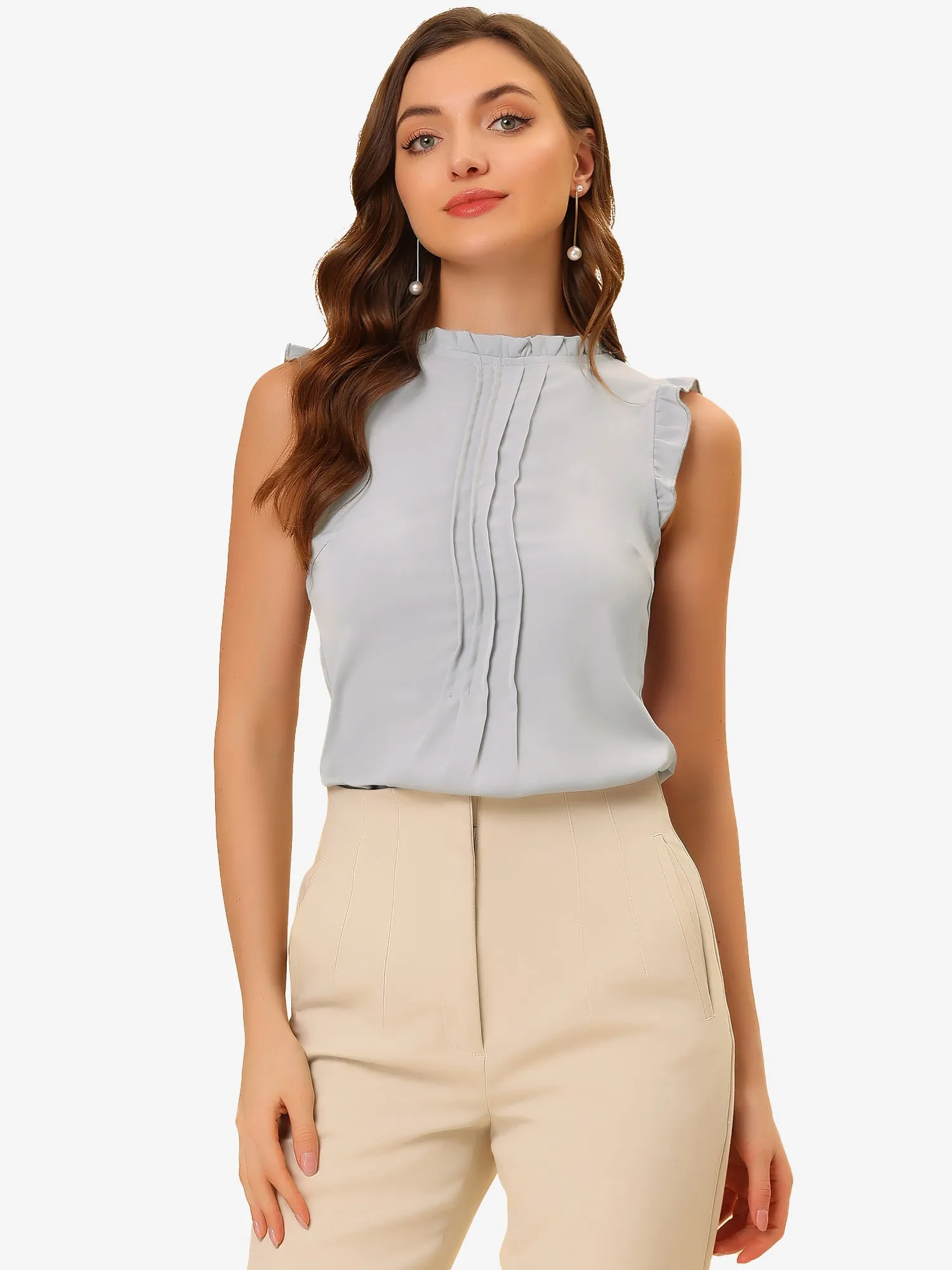 Ruffled Business Office 1950s Retro Sleeveless Work Blouses