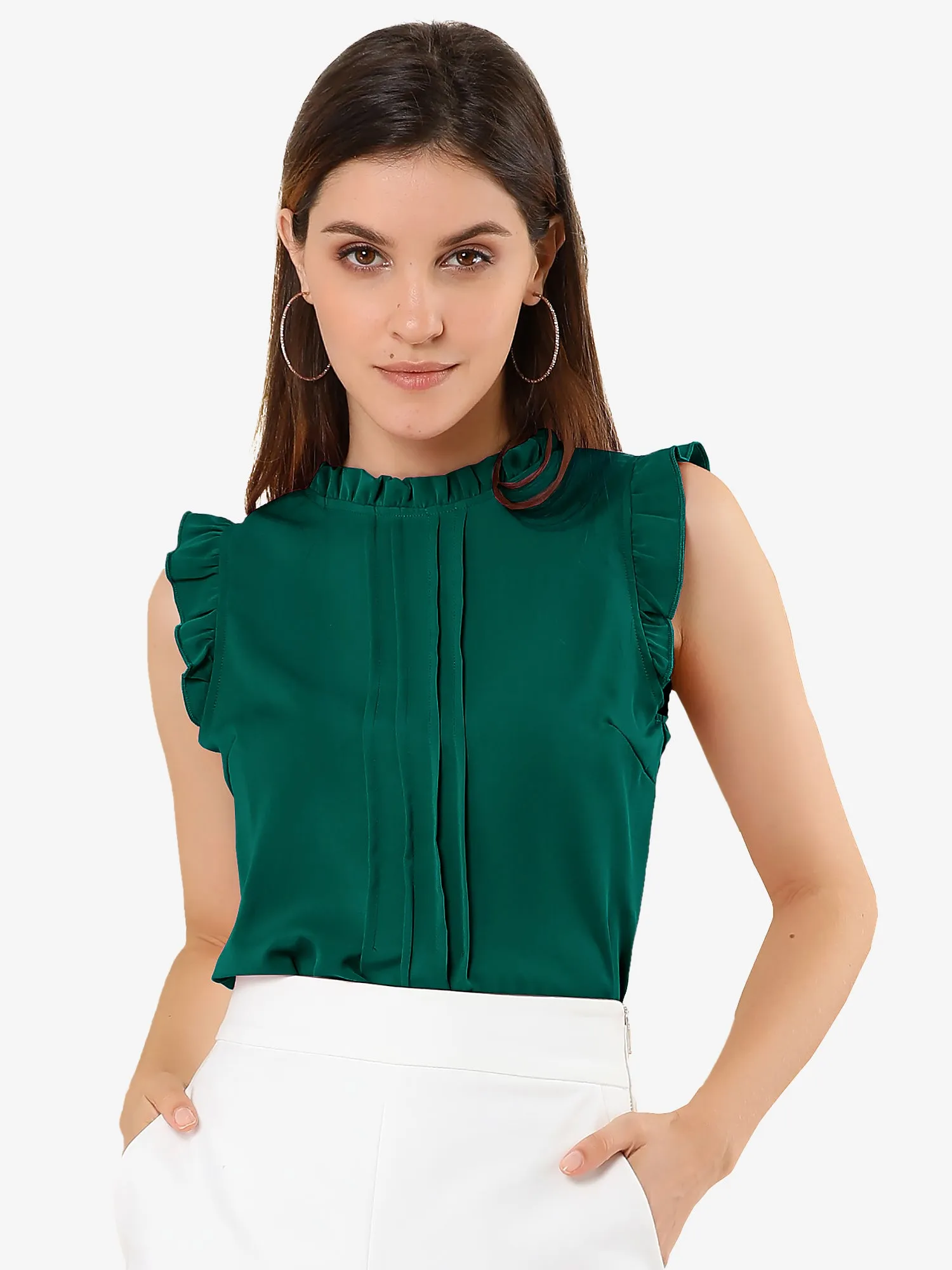 Ruffled Business Office 1950s Retro Sleeveless Work Blouses