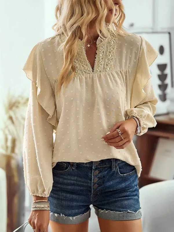 Ruffled Lantern Sleeve Lace Panel Shirt Top