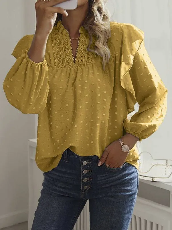 Ruffled Lantern Sleeve Lace Panel Shirt Top