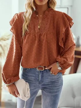 Ruffled Lantern Sleeve Lace Panel Shirt Top