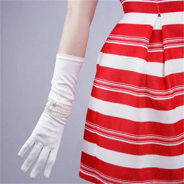 Silk Gloves 22cm Elastic Silk Satin Pearl Milk White Female Short Sunscreen Gloves SCB22