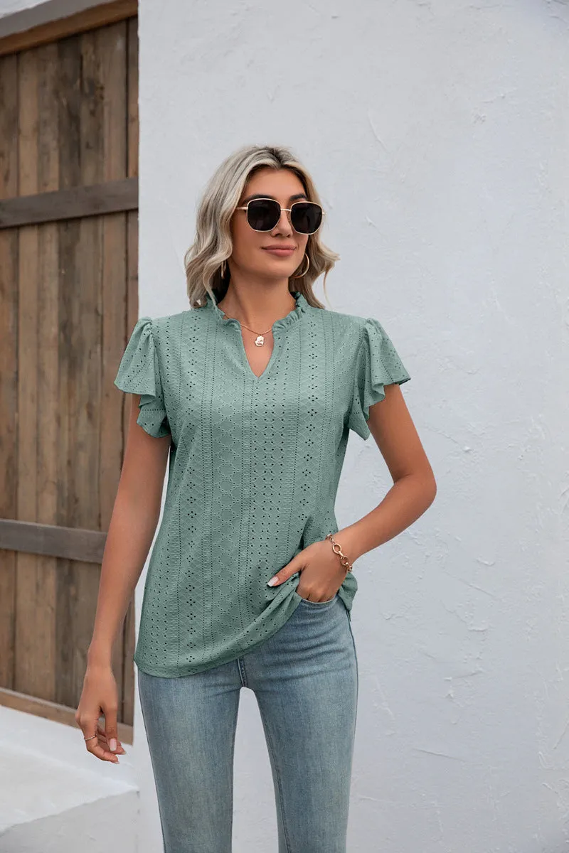 V-neck Pure Color Ruffles Flying Sleeves Blouses