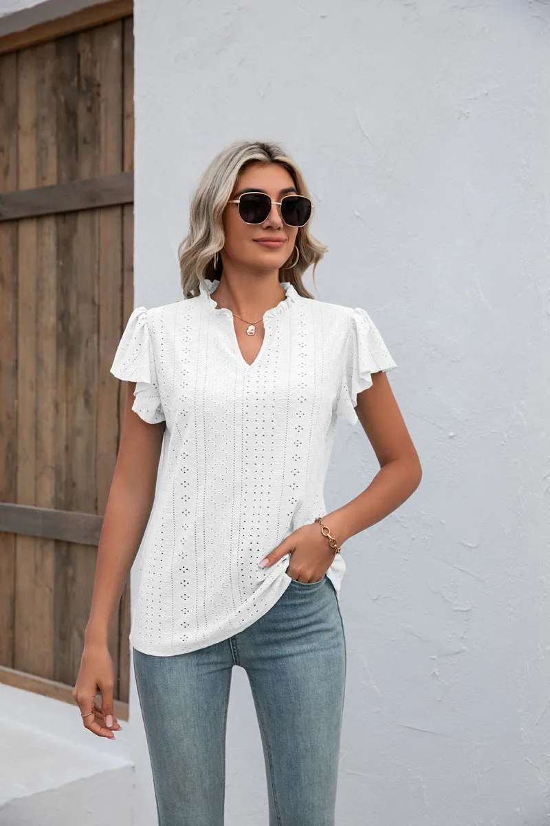 V-neck Pure Color Ruffles Flying Sleeves Blouses