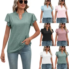 V-neck Pure Color Ruffles Flying Sleeves Blouses