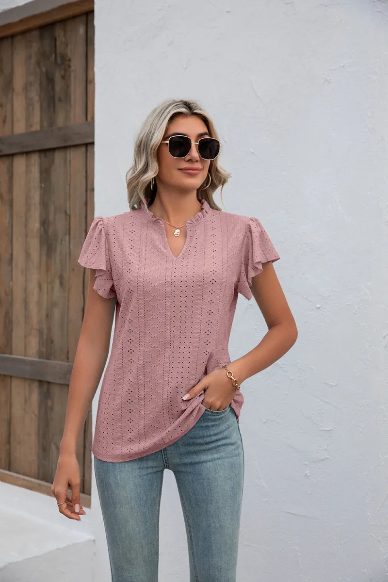 V-neck Pure Color Ruffles Flying Sleeves Blouses