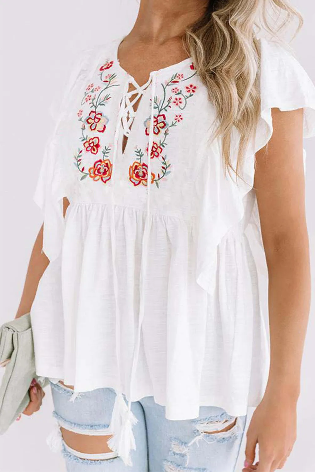 White Floral Embroidered Ruffled Lace-up V Neck Top