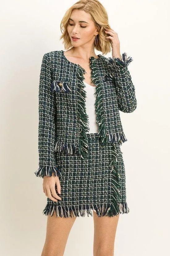 Women's Fringed Tweed Green Jacket