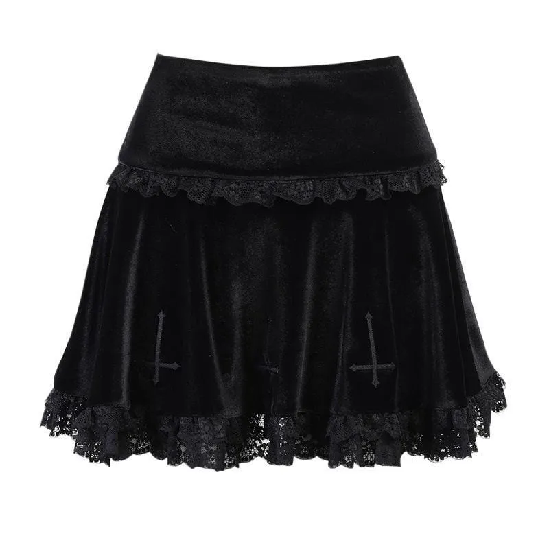 Women's Goth Cross Lace Hem Velet Pleated Skirts