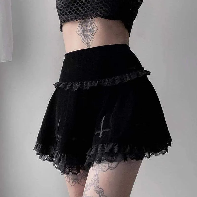 Women's Goth Cross Lace Hem Velet Pleated Skirts