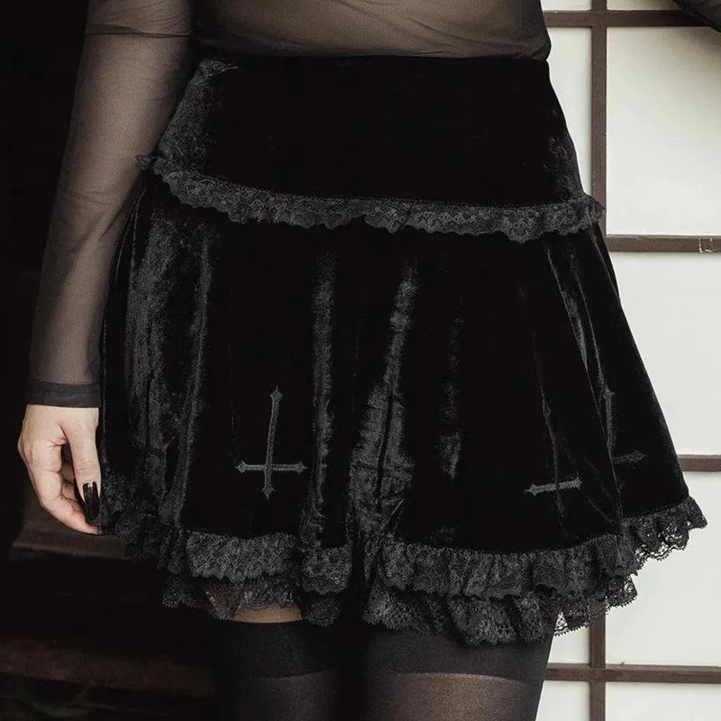 Women's Goth Cross Lace Hem Velet Pleated Skirts