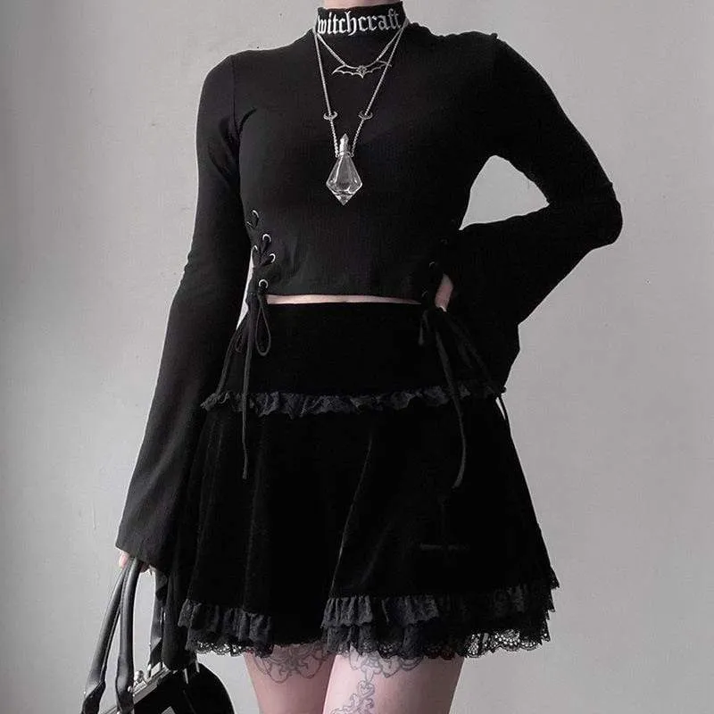 Women's Goth Cross Lace Hem Velet Pleated Skirts