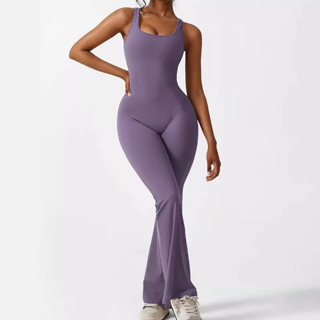 Women's Sleeveless Flare Jumpsuit - Stylish Fitness and Yoga Long Pants for Activewear and Everyday Comfort