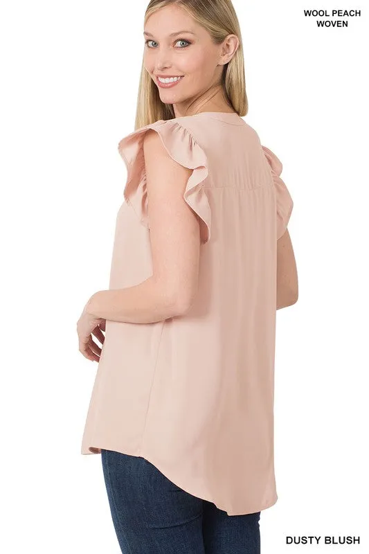 Woven Wool Peach Ruffled Sleeve High-Low Top