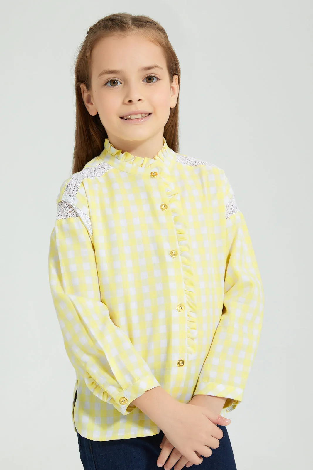 Yellow Checked Ruffled Blouse